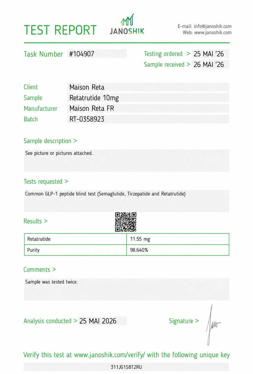 Certificat Janoshik
